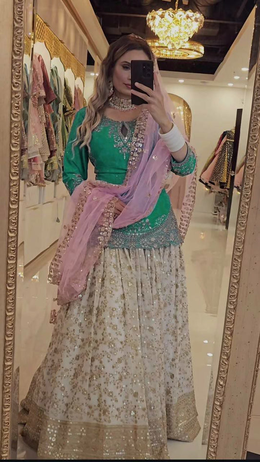 Heavy Chinon Silk With Sequence Embroidery Work & Heavy Butterfly Net Material Dupatta Type Top & Lehenga