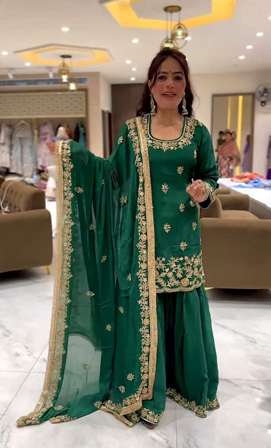 Natural Crepe Material And Sequence Embroidery Work With Fancy Lees Work Sharara Palazzo Dress