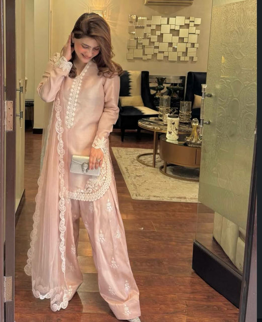 Pure Natural Crepe Silk With Heavy Micro Cotton And Embroidery Sequence Work With Elastic Farshi Palazzo Dress