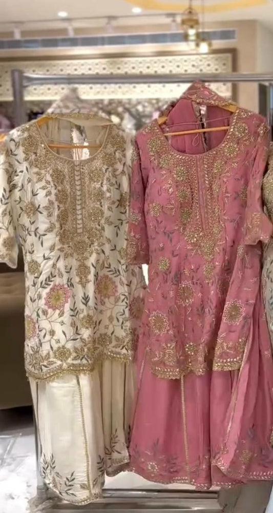 Pure Natural Crepe Silk With Fancy & Beautiful Embroidery And Sequence Work With Fancy Ready Made Lace Border Palazzo Dress