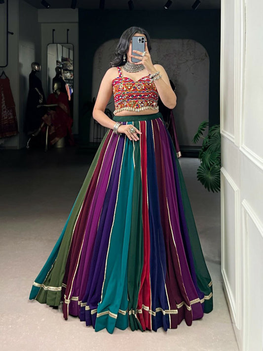 Georgette With Real Mirror Gamthi Work & Cowrie Lace Touch Up With Canvas Lehenga Choli