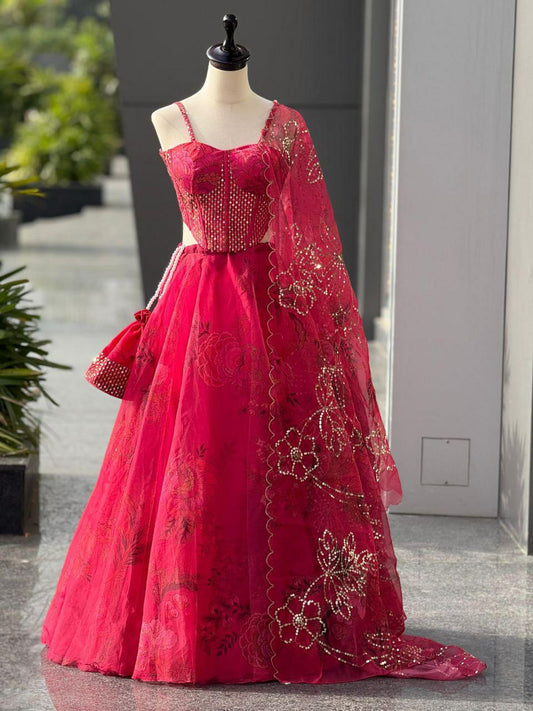 Pure Organza & Digital Printed Lehenga With Embroidery Sequence Work Blouse & 8mtr Flair Lehenga With Canvas Patta, Can Can And Adjustable Waist Dori Lehenga Choli