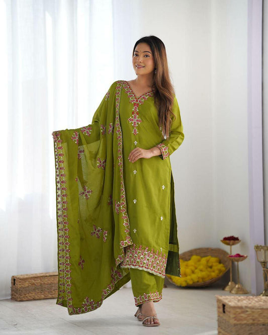 Heavy Pure Chinon Silk With Embroidery Sequence Work and Heavy Lace Work Top & Bottom Kurti
