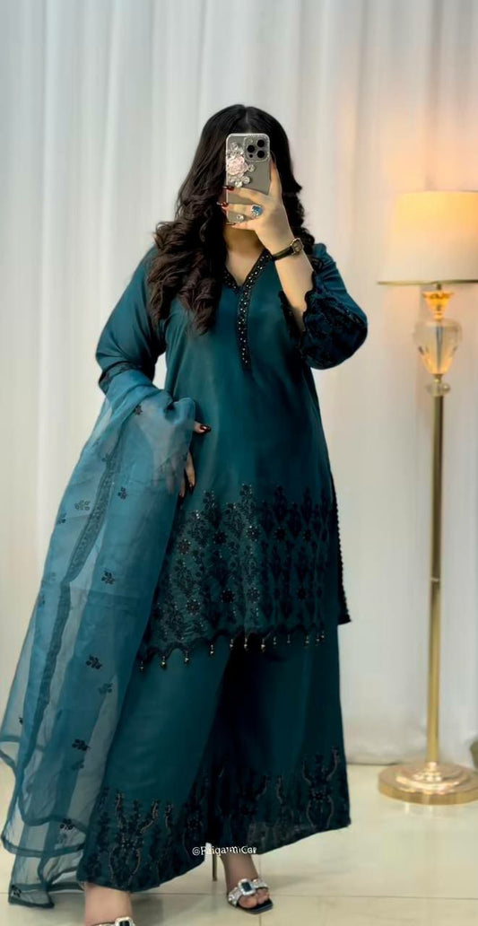 Vichitra Silk With Heavy Micro Cotton And Embroidery Sequence Work With Full Sleeve With Elastic Palazzo Dress