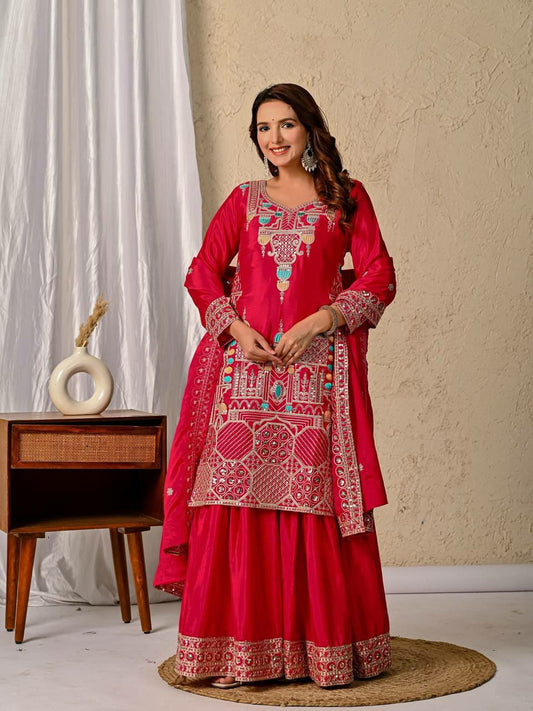 Heavy Chinon Silk Material With Sequence Embroidery Work With Fancy Lees Sharara Palazzo Dress