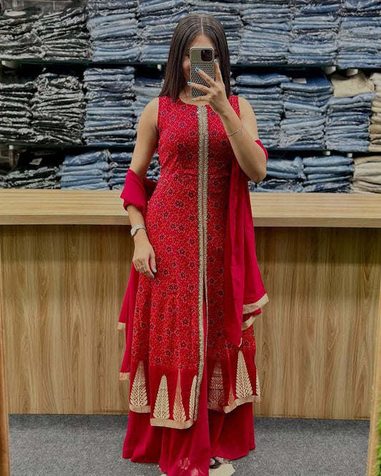 HEAVY FUAX GEORGETTE AND DIGITAL PRINT WITH EMBROIDERY WORK WITH REAL MIRROR HEND WORK AND CAN-VAS PATTA PLAZZO DRESS