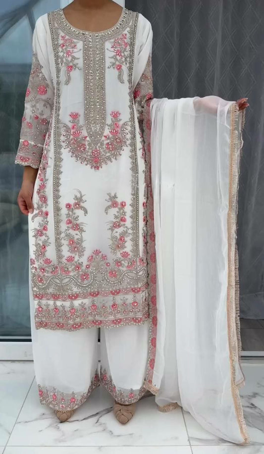 HEAVY FAUX GEORGETTE WITH BEAUTIFUL EMBROIDERY SEQUENCE & THREAD WORK WITH LACE BORDER PALAZZO KURTI