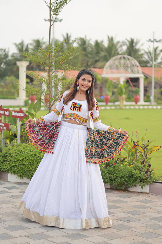 Pure Cotton And Heavy Gamthi Work & Kodi Lace With Koti With Ribbion Lace Lehenga Choli