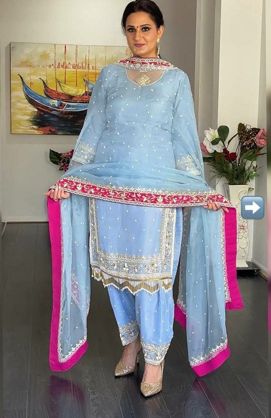 HEAVY DIAMOND GEORGETTE AND EMBROIDERY SEQUENCES WORK WITH PERAL HAND WORK AND FANCY LESS TYPE FARSHI PALAZZO DRESS