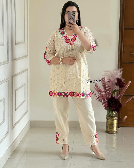 Pure Khadi Cotton With Schiffli Work And Thread Work Type Suit