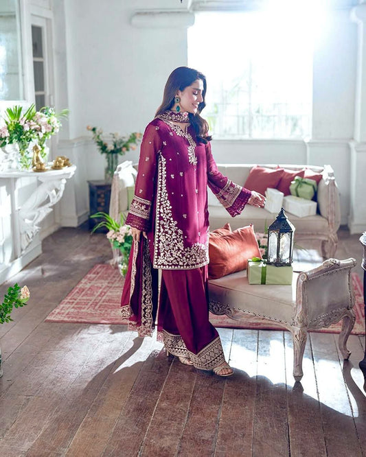 HEAVY FRANCH CRAPE WITH HEAVY EMBROIDERY SEQUENCE AND FANCY CUT WORK PALAZZO DRESS