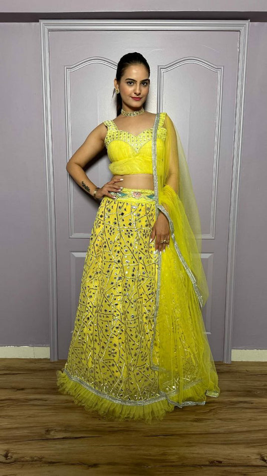 Georgette With Zari & Foil Paper Work + Net Ruffle Border With Sequins Work Lehenga Choli