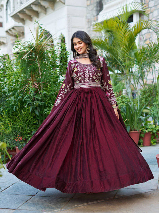 Fendy Silk With Heavy Cording Sequence & Thread Embroidery Work Gown