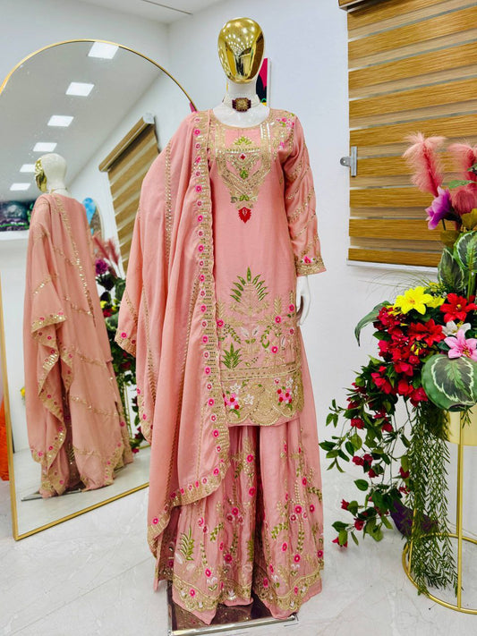 Chinon Silk With Embroidery Sequence Work And Round Neck Type Sharara Dress