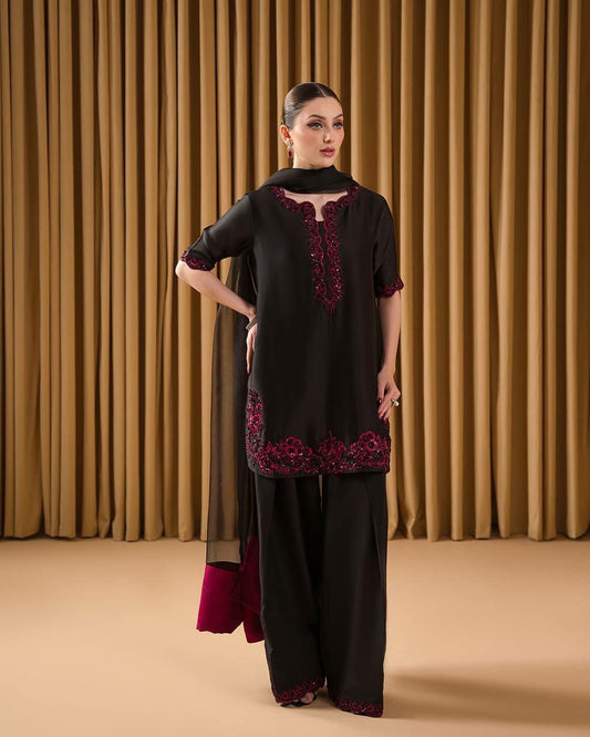 Pure Natural Crepe With Bidas Val Moti & Embroidery Sequence Work With Elastic And Ready made Less Border With Patta Farshi Palazzo Dress