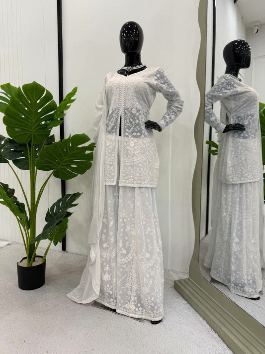 Faux Georgette With Micro Inner & Thread Work With Four Side Lace Border With Elastic Palazzo Dress