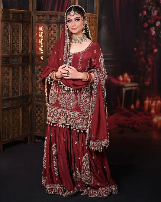 Heavy Faux Georgette And Embroidery Sequence Work With Four Side Fancy Latkan Lace Border Palazzo Dress