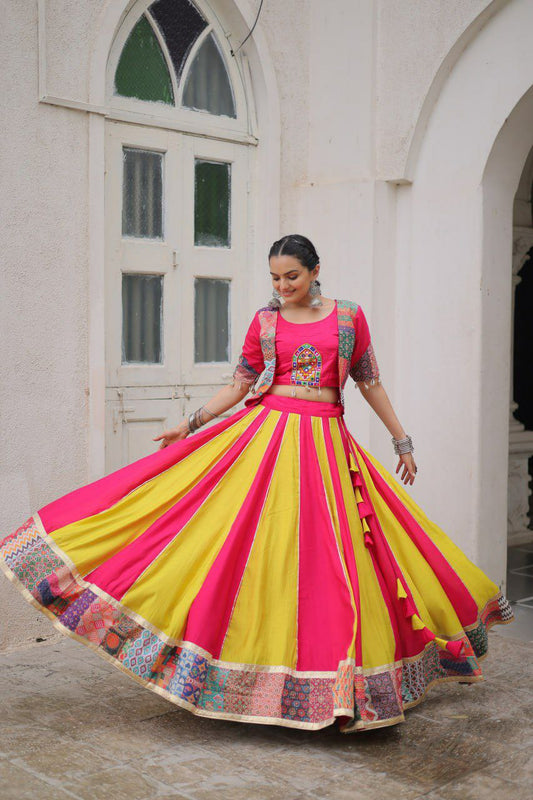 Roman With Attractive Maslin Crochet Print & Gotta Lace Embellished Work With Dori Latkan Lehenga Choli