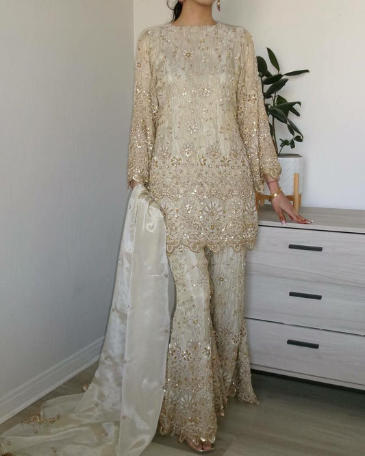 CHINON AND MICRO INNER WITH SEQUENCE EMBROIDERY WORK PALAZZO DRESS