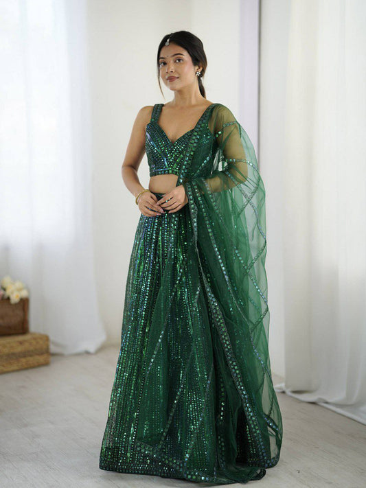 Net With Rainbow Sequins & Dori Work With Can Can Attach Lehenga Choli