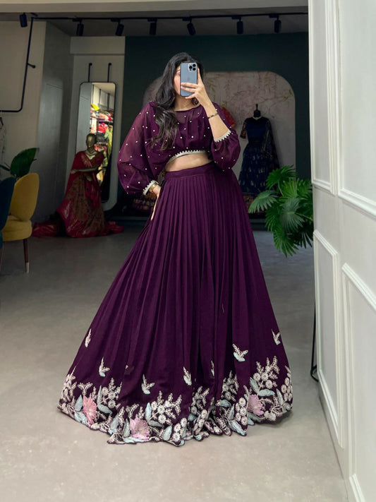 Georgette With Sequins Butties And Thread Embroidery Work With Lace Border With Can Can Lehenga Choli