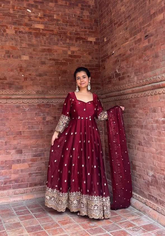Heavy Fendy Silk With Sequence And Embroidery Work Anarkali Gown