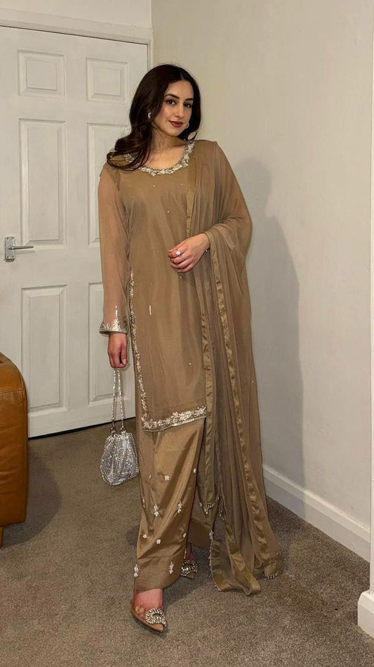 Faux Georgette With Embroidery Work And Beads Work With Elastic Farshi Palazzo Dress
