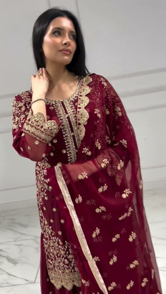 Heavy Faux Georgette With Heavy Embroidery And Sequence Work With Cut Work Palazzo Dress