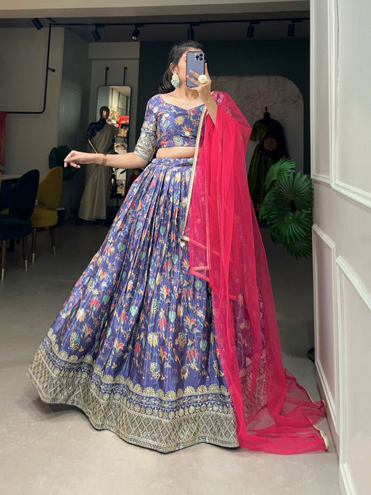 Chinon & Digital Print With Embroidery Sequins Work With Canvas And Attached With Can Can Lehenga Choli