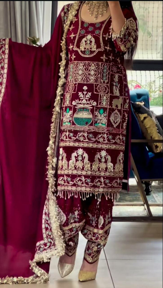 Natural Crepe With Embroidery Sequence Work And Fancy Lees Dupatta Type Dhoti Salwar Suit