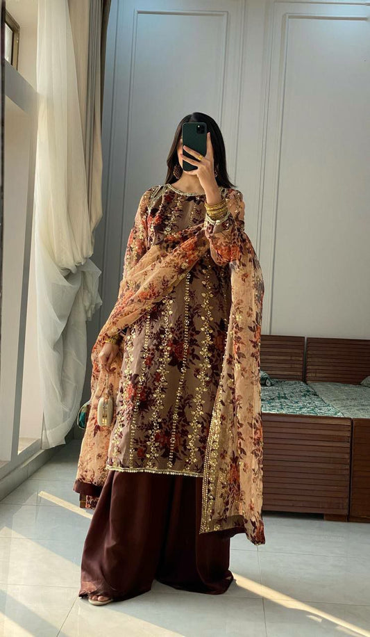 Heavy Faux Georgette With Heavy Embroidery Sequence Work And Rivet Moti Work With Digital Print Type Palazzo Dress