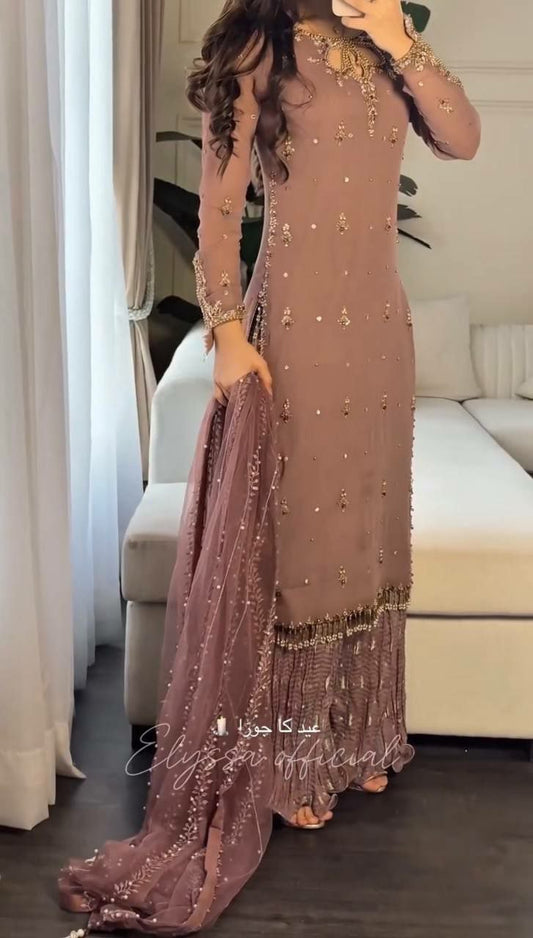 Heavy Faux Georgette And Heavy Embroidery Sequence Work With Crease And Lace Border With Elastic Palazzo Dress
