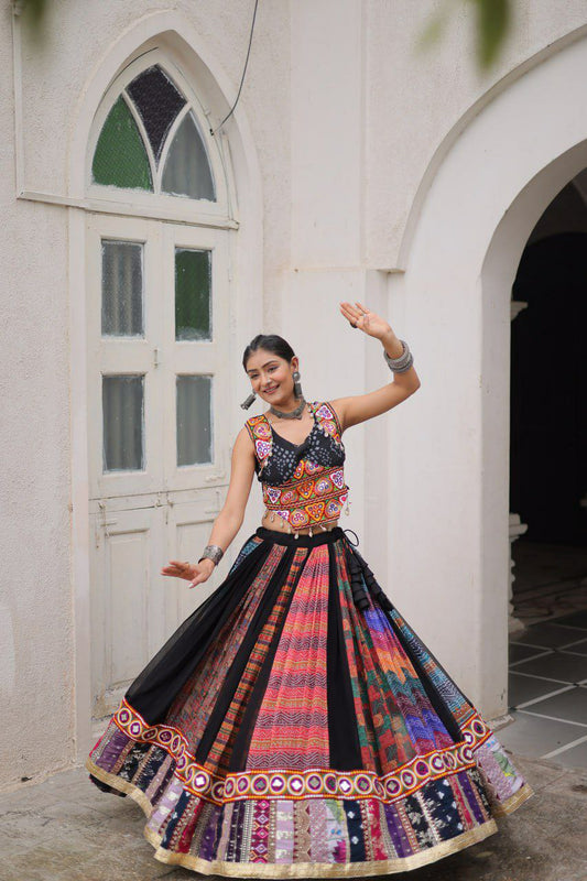 Georgette Print And Attractive Combination Of Gamthi Embroidered & Embellished Work With Kutchi Gamthi Work Lehenga Choli