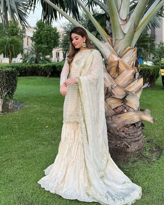 Heavy Chinon And Heavy Embroidery Sequence Work With Latkan Dori Type Sharara Palazzo Dress