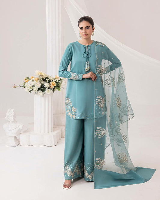 Pure Natural Crepe With Embroidery Sequence Work With Tassels With Patta Palazzo Dress