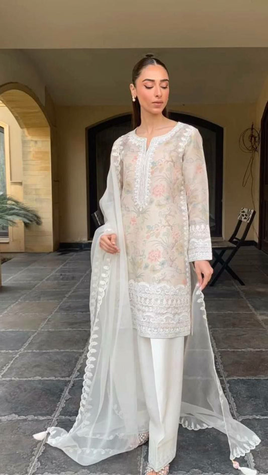 Pure Organza Silk With Embroidery Thread Work And Print Full Sleeve With Elastic Farshi Palazzo Dress