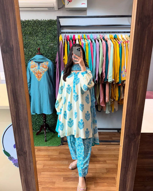 Pure Maslin Cotton With Digital Print With Elastic And Four Side Readymade Lace Border Farshi Palazzo Dress
