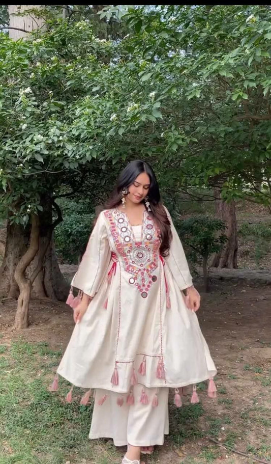 Pure Khadi Cotton With Embroidery Sequence Work And Real Mirror Work With Pocket Type Top & Palazzo Suit
