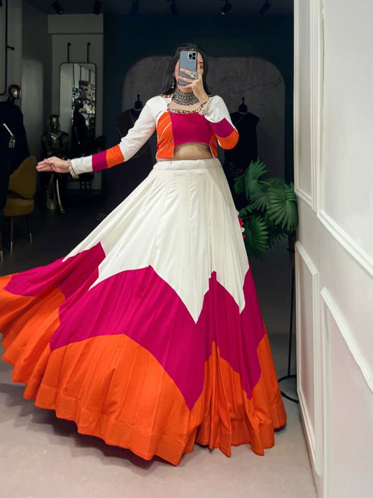Pure Rayon & Original Mirror Gamthi Work With Gotta Patti And Cowrie Lace Touch Up Blouse With Canvas Lehenga Choli
