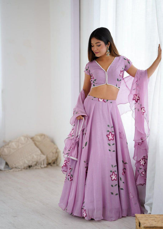 Fandy Crush With Hand Paint 8 Mtr Flair With Canvas Patta With Pearl Lace Blouse Lehenga Choli
