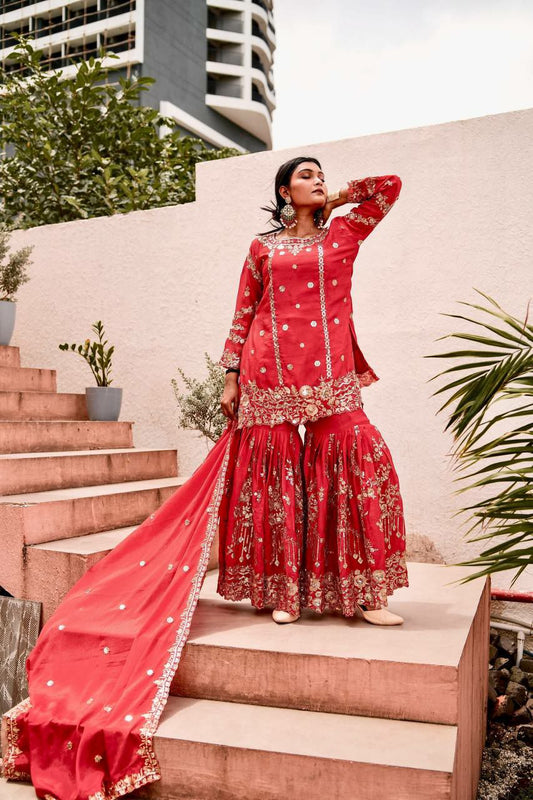 Pure Chinon Silk With Fancy Heavy Embroidery And Sequence Work With Lace Border Sharara Dress