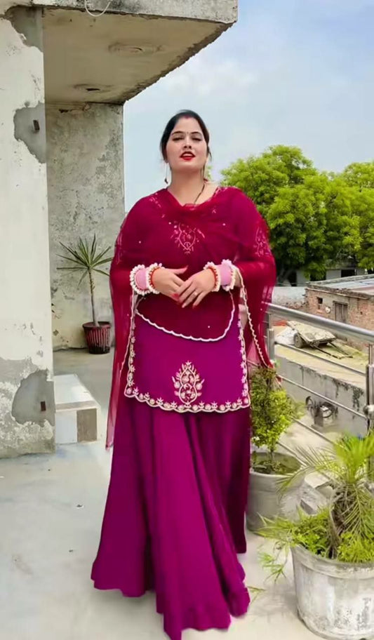 Natural Crepe Silk And Bids Hand Work With Sequence Multi Needle Embroidery Work And Zari Work Top & Lehenga