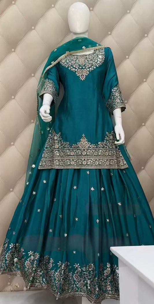 Pure Chinon Silk With Micro Cotton Inner & Heavy Embroidery And Sequins Work Type Top & Lehenga