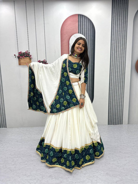 Riyon Cotton With Ajarakh Print And Ribbon Lace Work Canvas Patta Lehenga Choli