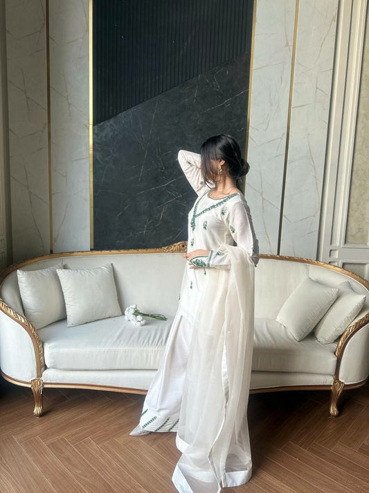 HEAVY NATURAL CREAP AND HEAVY EMBROIDERED SEQUENCE WORK WITH REAL MIRROR HAND WORK AND FANCY SLEEVES PALAZZO DRESS