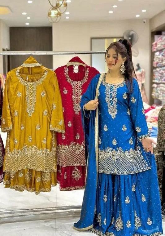 Heavy Chinon Silk Material & Micro Cotton Inner With Sequence Embroidery Work And Fancy Lees Dupatta Type Sharara Palazzo Dress
