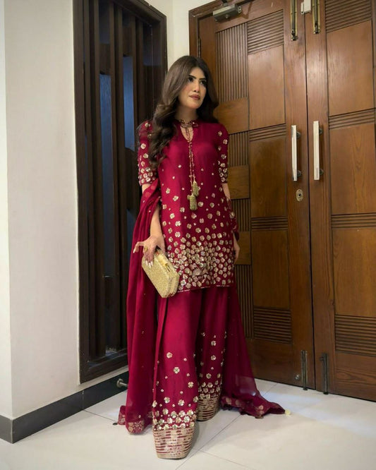 Roman Silk And Embroidery Siquence Work With Round Neck & Organza Silk Dupatta Palazzo Dress