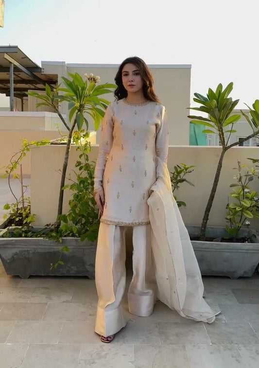 Natural Satin With Embroidery & Elastic With Can-Vas Patto And Pure Organza Silk Dupatta Palazzo Dress