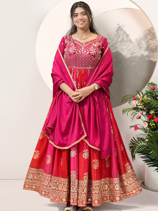 HEAVY SATIN SILK AND PURE CHINON SILK WITH BEAUTIFUL DIGITAL PRINT WITH EMBROIDERY SEQUENCE WORK GOWN