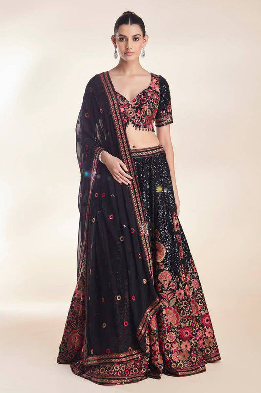 Premium Faux Georgette With Beautiful Heavy Thread Embroidery Work & Heavy Sequins Work With Heavy Cancan And Canvas Lehenga Choli